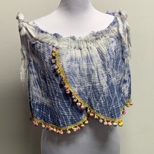 Beulah | Women Size S| Pom Pom Tie Sleeves Cotton BOHO Tie Dye Wrap Top NWT
